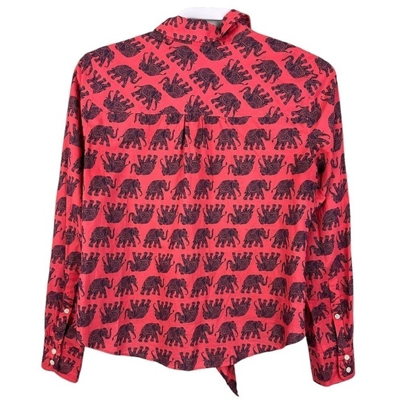 J.Crew Red Elephant Print Front Tie Shirt Top - Picture 2 of 6